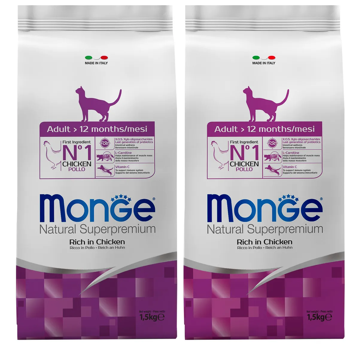 

Сухой корм для кошек Monge Cat Adult Salmon с мясом лосося 2 шт по 1,5 кг, Сухой корм для кошек / Супер-Премиум класса / Сухой корм для взрослых кошек Monge Cat Adult Chicken с курицей 1,5 кг х 2 шт
