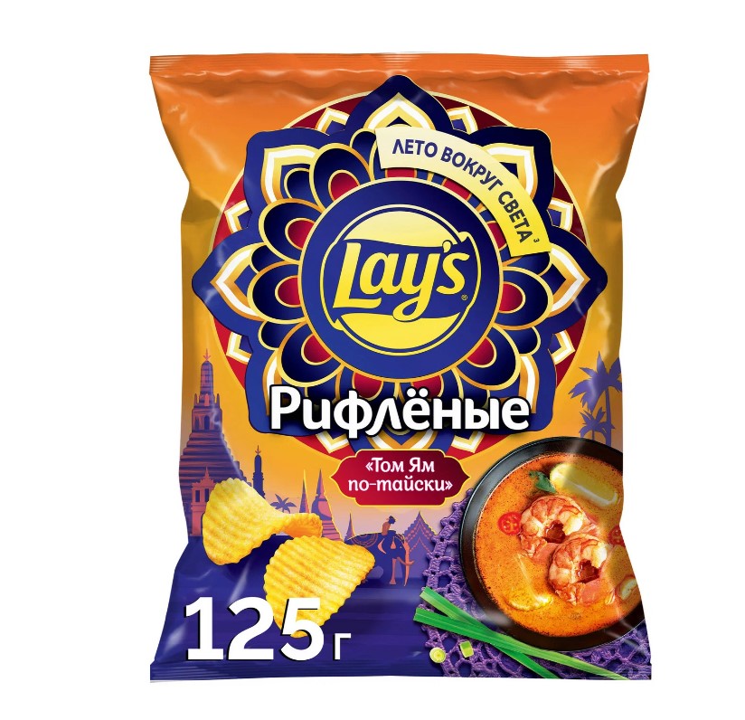 Чипсы Lay's картофельные, рифленые, Том Ям по-тайски, 19x125 г