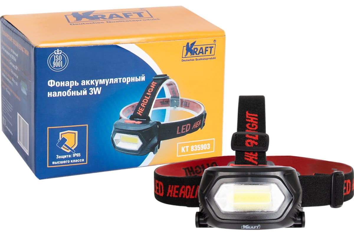 KRAFT Фонарь налобный 3W, светодиодный аккумуляторный, корпус - пластик аккумуляторный фонарь трофи