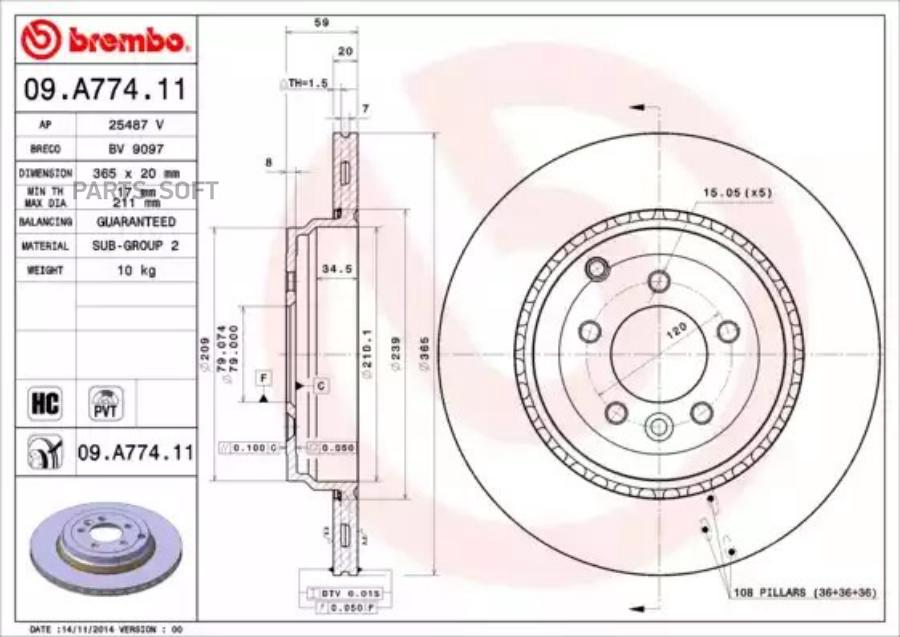 

BREMBO Диск торм. задн.вент.[365x20] 5 отв. LAND ROVER Range Rover Sport 5.0 09-13