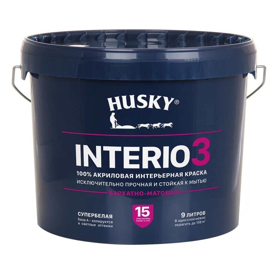 фото Краска интерьерная husky interio 3 бархатно-матовая белый 9 л