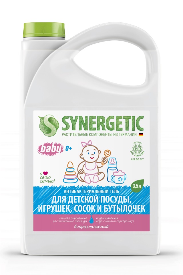 Антибактериальный ЭКО гель SYNERGETIC для мытья дет.пос., игр. и фрукт.,без запаха, 3,5 л
