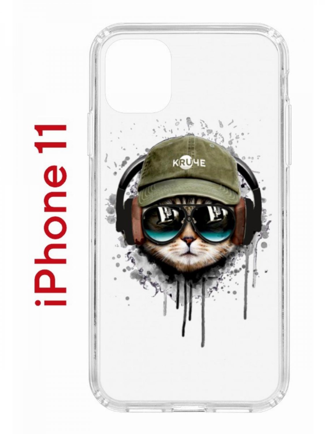 Чехол на iPhone 11 с принтом Kruche Print Кот в наушниках, бампер с защитой камеры