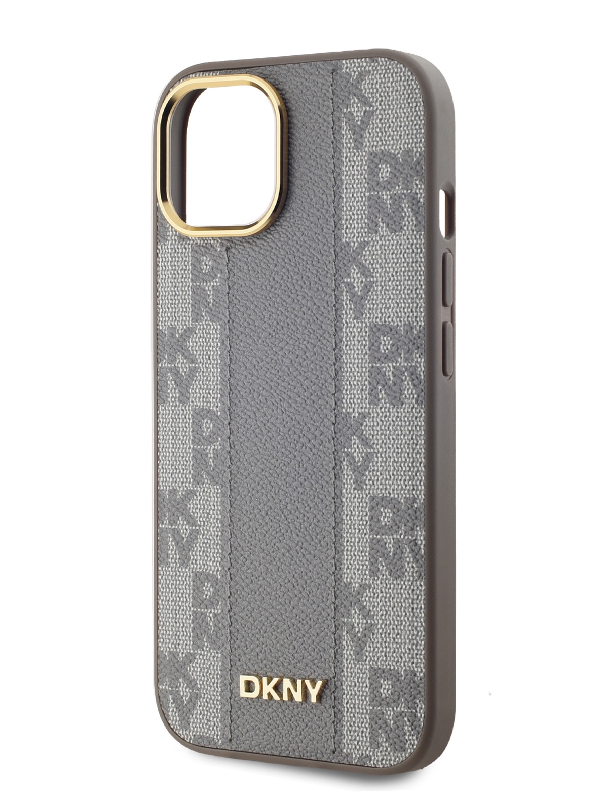 Чехол DKNY для iPhone 15 с MagSafe и металлическим бортиком для камеры, бежевый