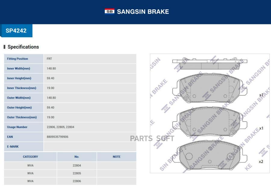 

Колодки тормозные KIA Ceed (18-) передние (4шт.) SANGSIN