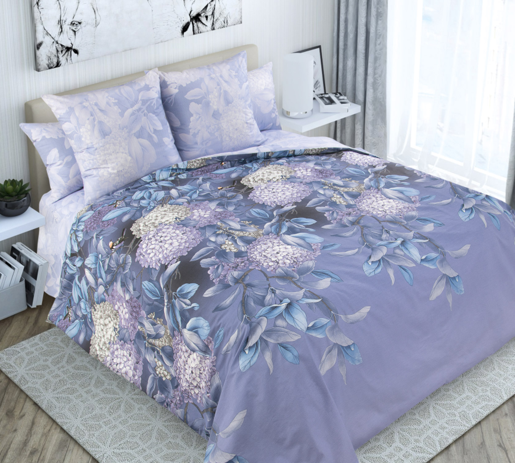 

Постельное белье с простыней на резинке 180x200 Ночная серенада 1, перкаль, Евро, серия Цветы крупные - 1