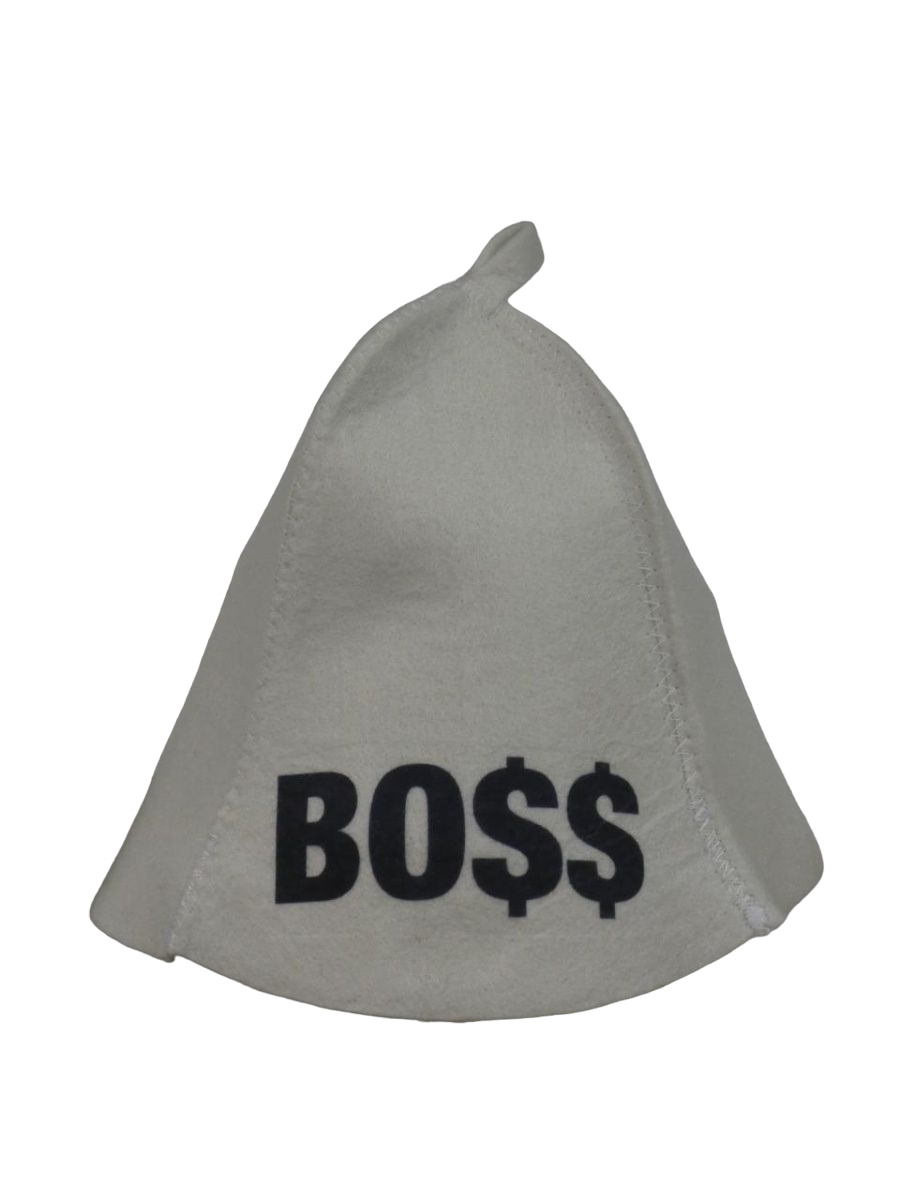 Шапка банная BOSS -качественно отпечатанный принт на шапке Здравопар, войлок белый