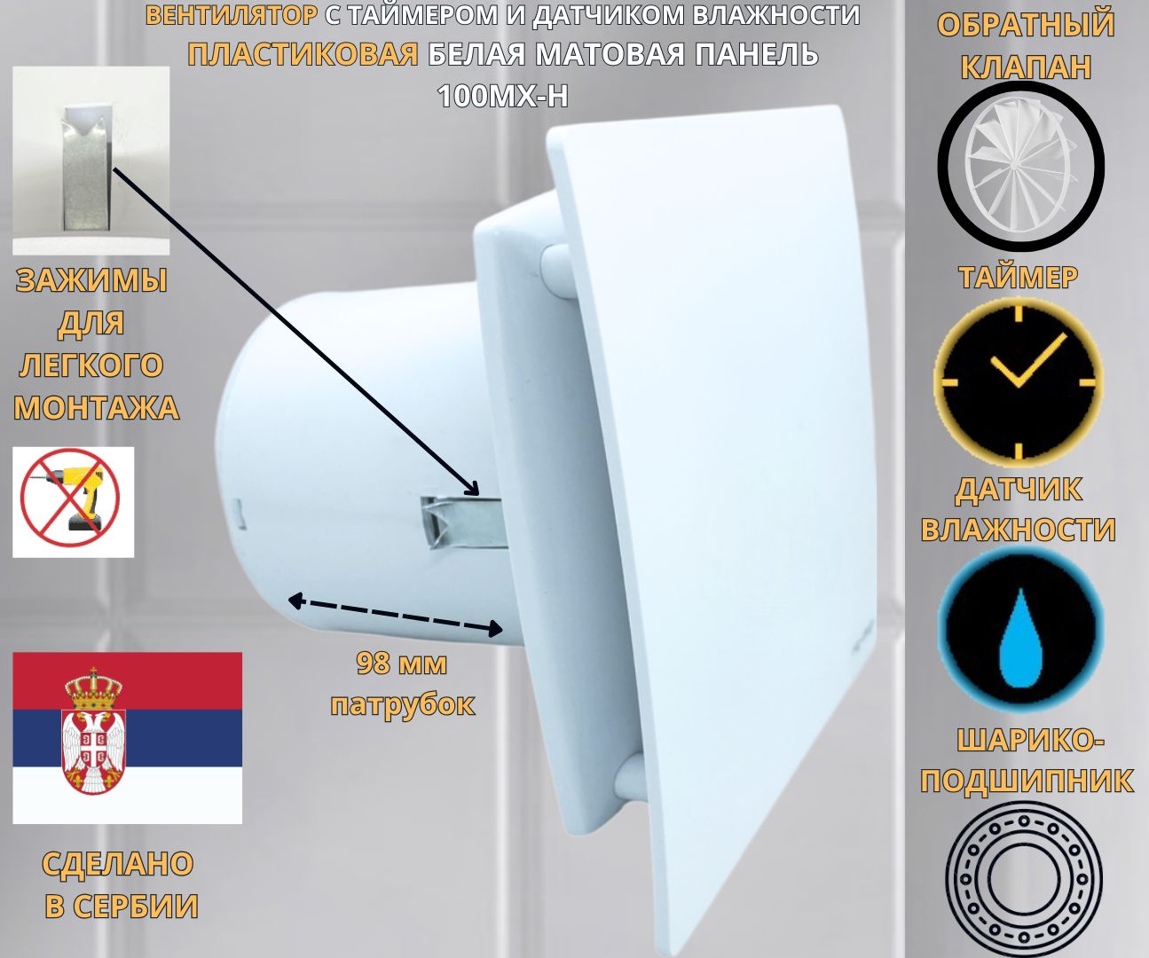 Вентилятор MTG с таймером и датчиком влажности, c белой панелью MATT-W100MX-H+PVC-white