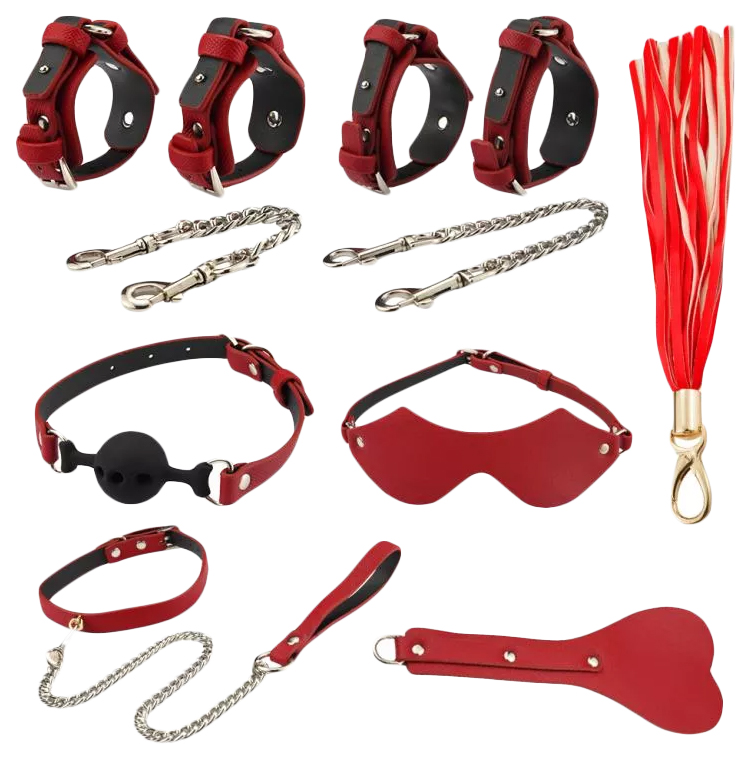 БДСМ-набор Erozon из 9 предметов в красной кожаной сумке