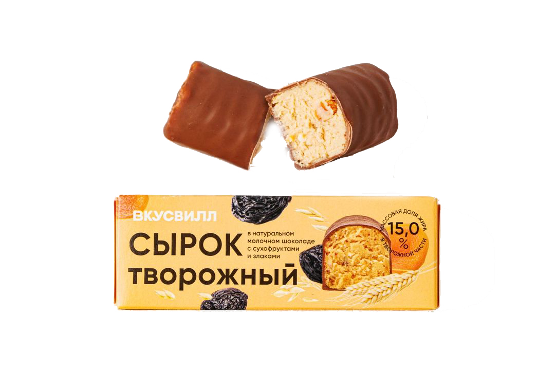 

Сырок творожный ВкусВилл с сухофруктами и злаками глазированный 15% БЗМЖ 45 г