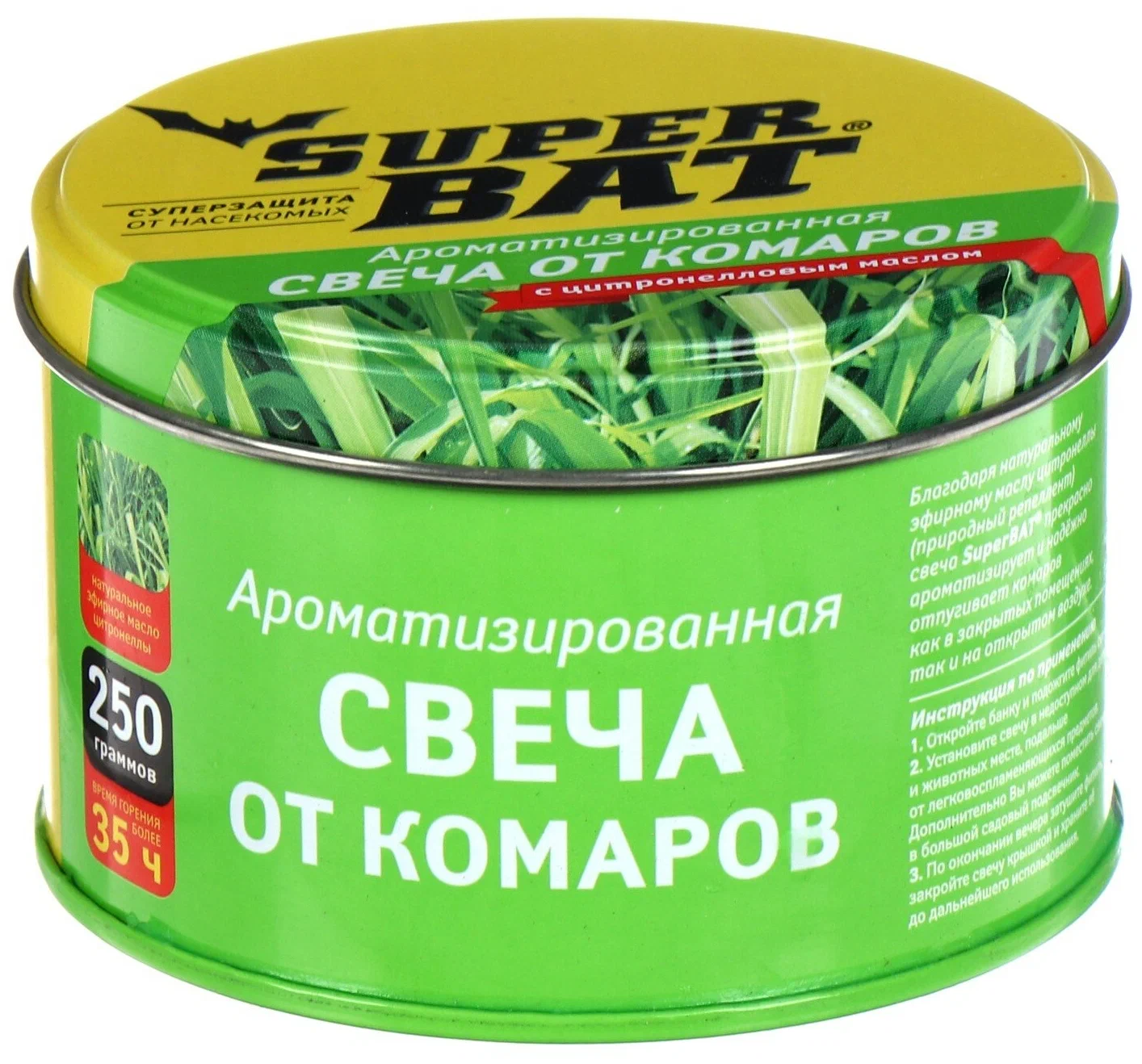 Свеча от комаров Super Bat Ароматизированная на масле цитронеллы 250 г