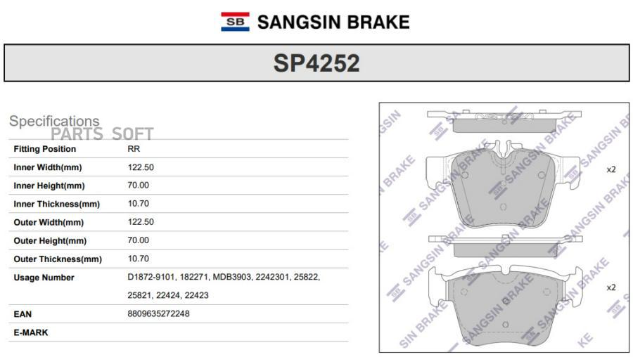 

Колодки Тормозные Mercedes Glc (X253/C253) 15- Задние Sangsin brake SP4252