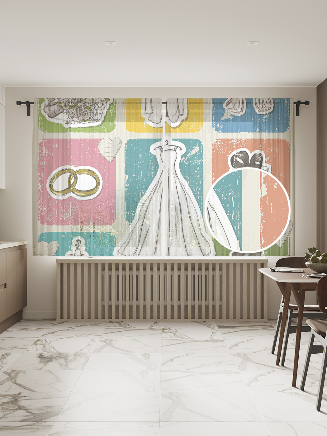 

Фототюль JoyArty "Свадебная атрибутика", 145x180см (2 полотна с лентой + 50 крючков), Свадебная атрибутика