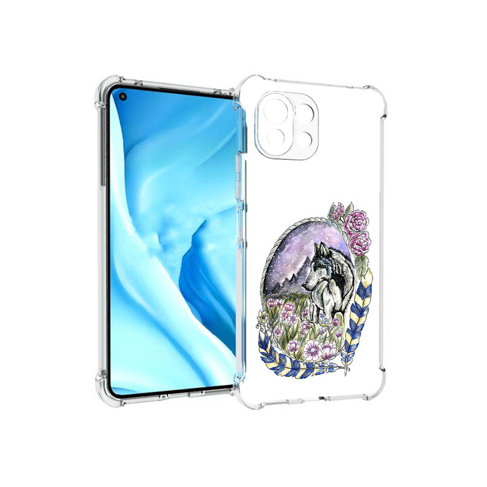 

Чехол MyPads Tocco для Xiaomi Mi 11 Lite нарисованный волк в цветах с перьями, Прозрачный, Tocco