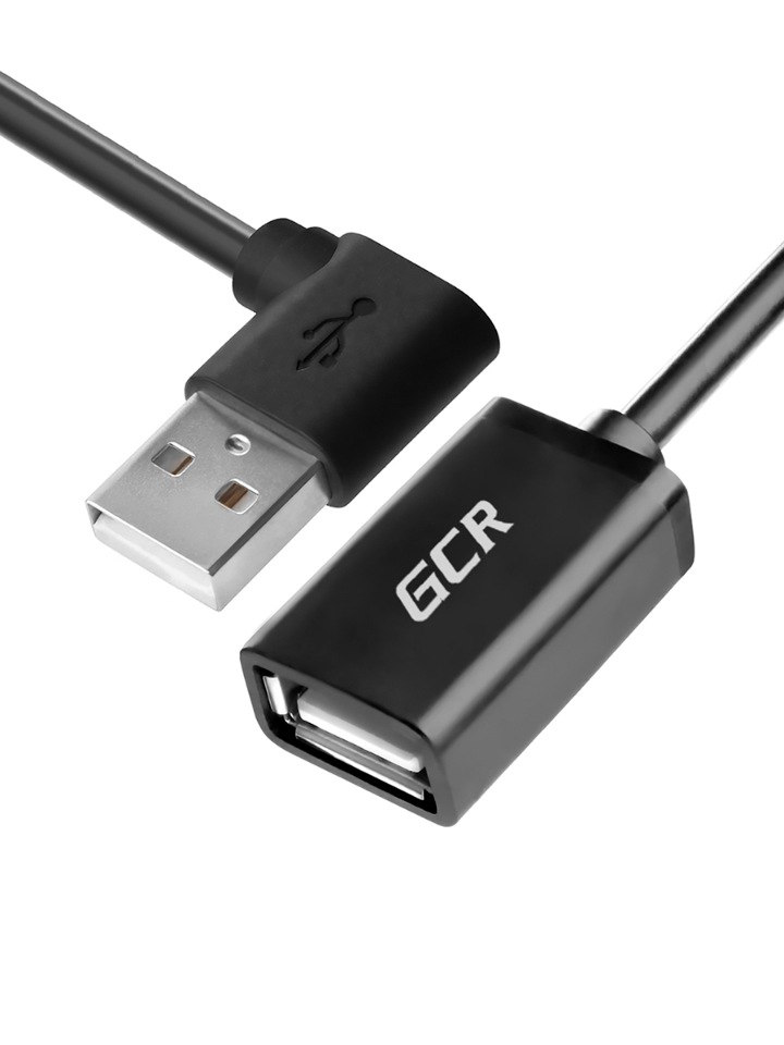 GCR Удлинитель 1.5м USB 2.0, AM угловой левый/AF, черный, 28/28 AWG, морозостойкий