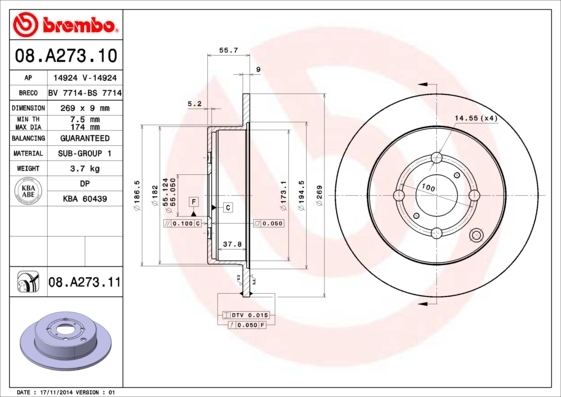 

Тормозной диск brembo 08A27311