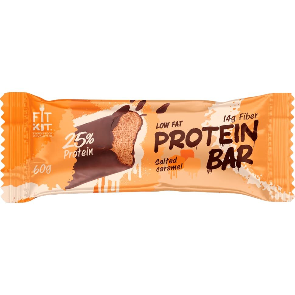 фото Протеиновый батончик fit kit protein bar "соленая карамель" (коробка, 20 штук по 60 гр )