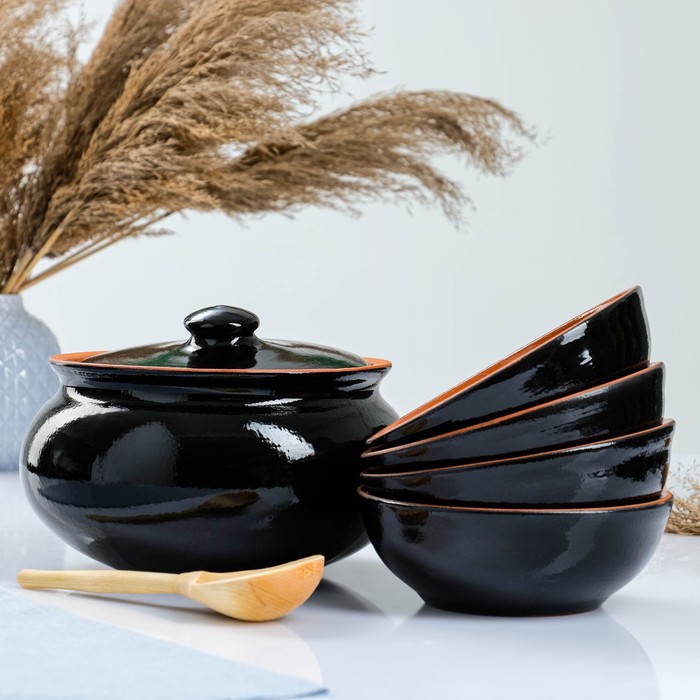фото Набор посуды "вятская керамика" 2,5л + 4х0,5л + деревянная ложка, черный