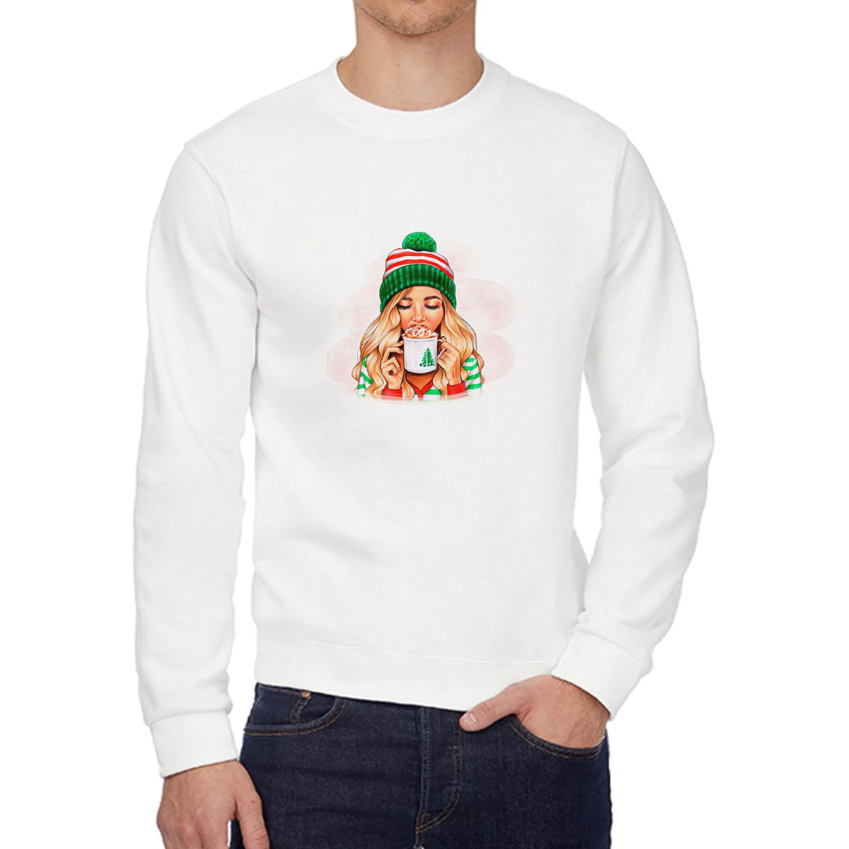 

Свитшот женский CoolPodarok Новый год. Девушка с кружкой белый 58 RU, W0501732