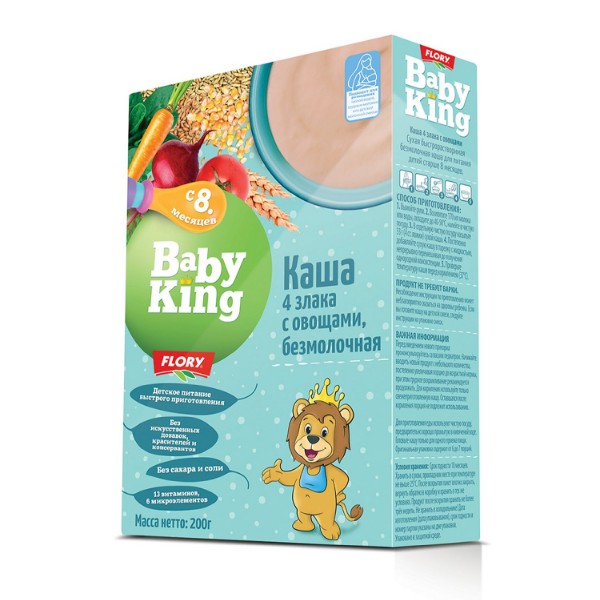 Каша безмолочная Baby King 4 злака, с овощами, с 8 месяцев, 200 г
