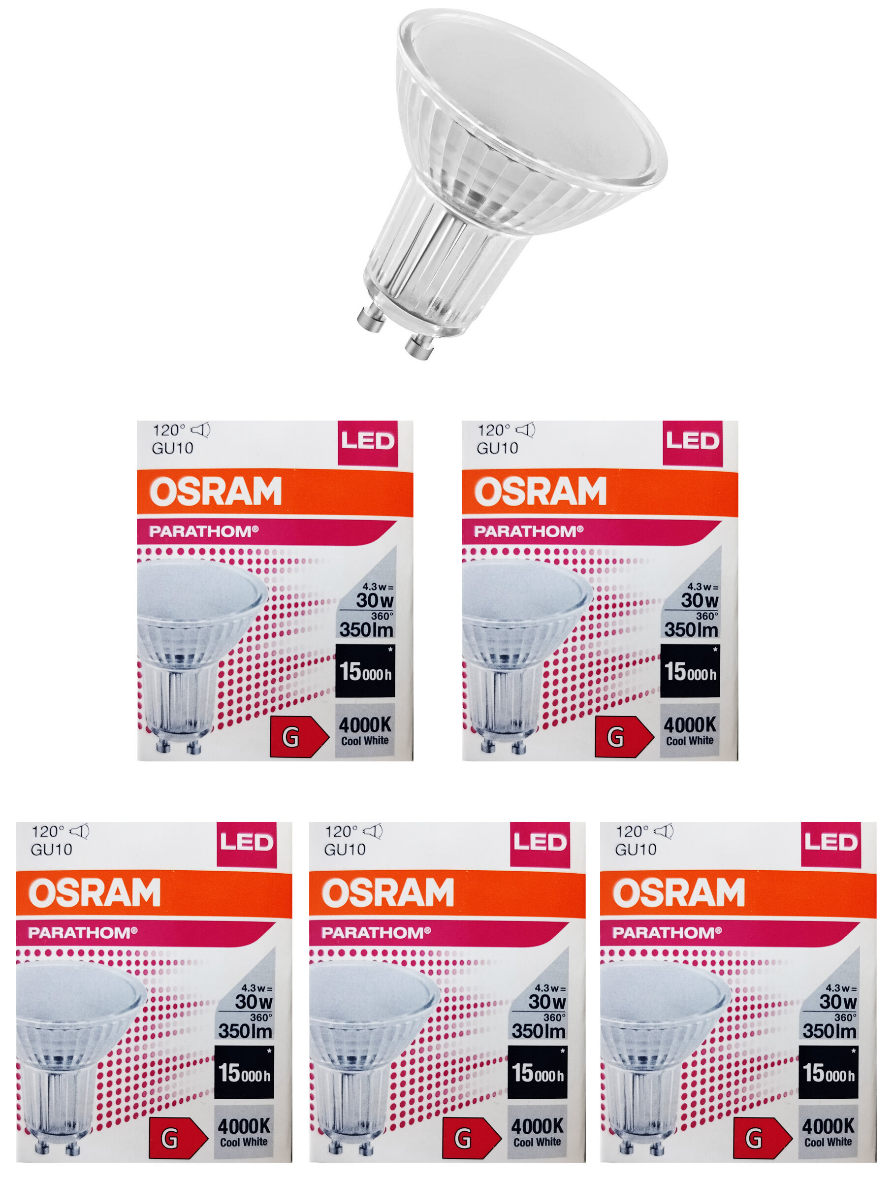 

Лампочка светодиодная Osram Софит PAR16 GU10 4,3Вт 220В 350Лм 4000К Дневной белый 5шт, Софит PAR16 GU10 4,3Вт 220В 350Лм 4000К