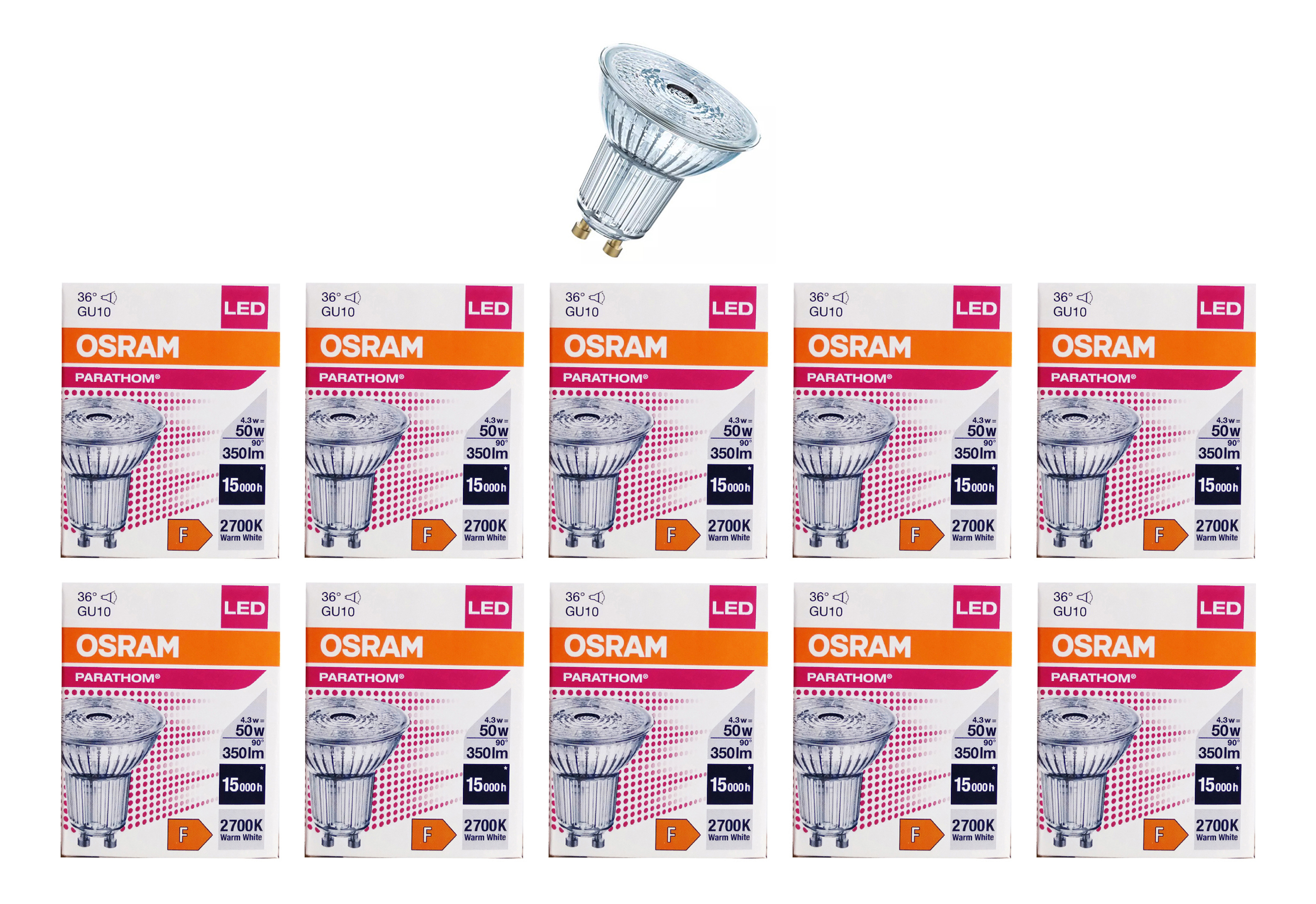 

Лампочка светодиодная OSRAM Софит PAR16 GU10 4,3Вт 220В 350Лм 2700К Теплый белый 10шт, Софит PAR16 GU10 4,3Вт 220В 350Лм 2700К