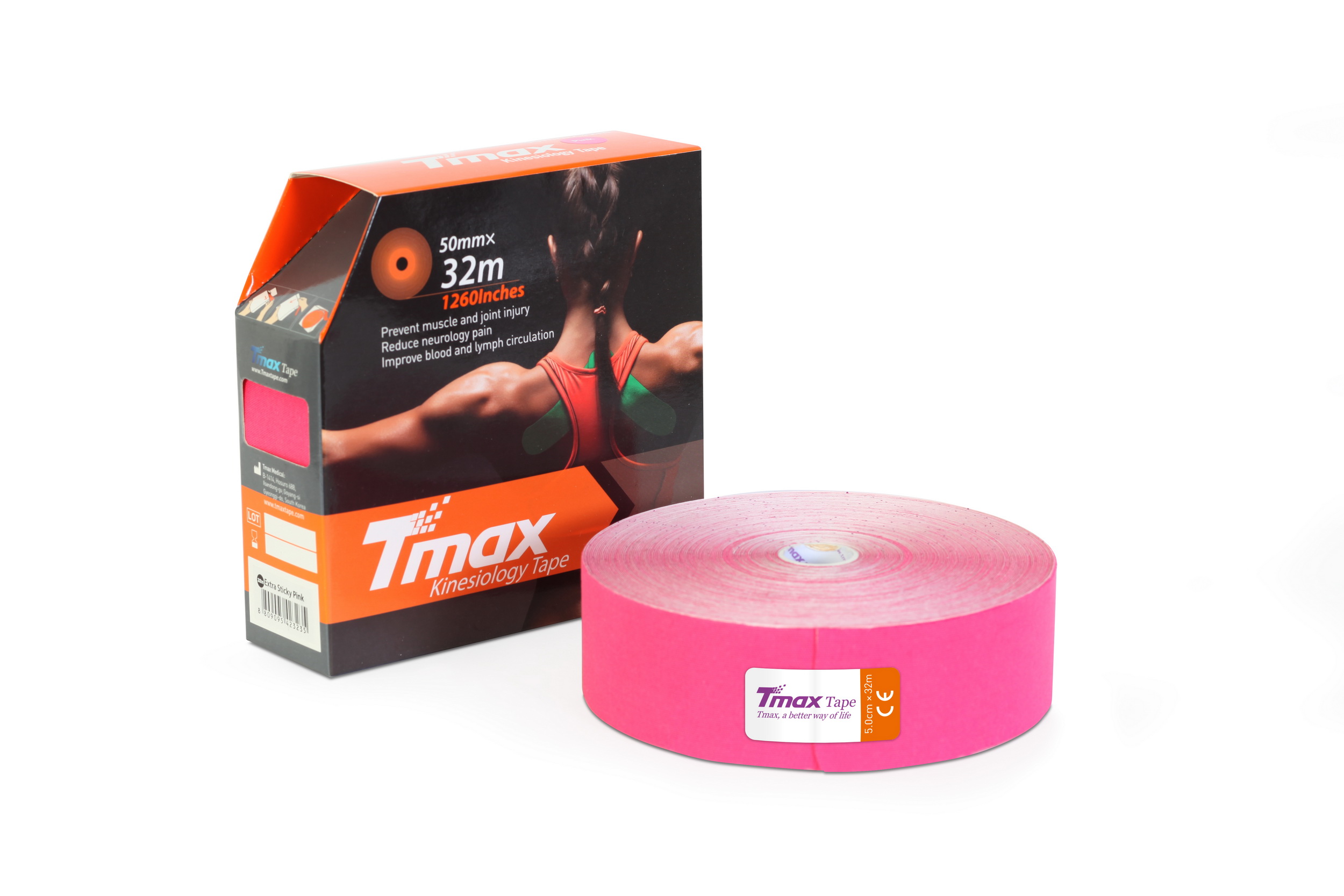 Кинезио тейп хлопок Tmax Extra Sticky 5см x 32м, розовый