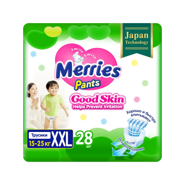 фото Подгузники-трусики merries good skin xxl, 15-25 кг, 28 шт.