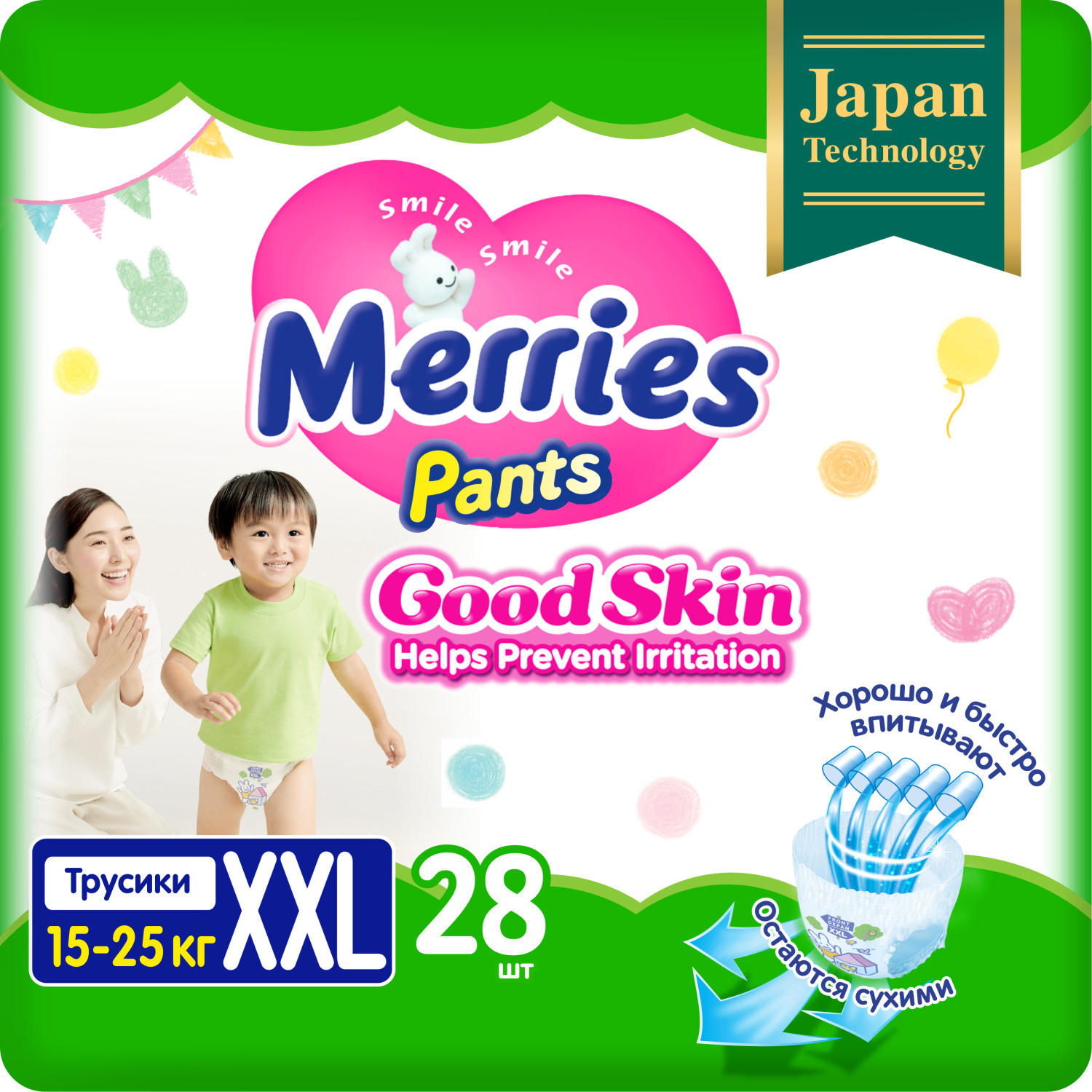 Подгузники-трусики Merries Good Skin XXL6 15-25кг 28 шт Японские технологии 2269₽