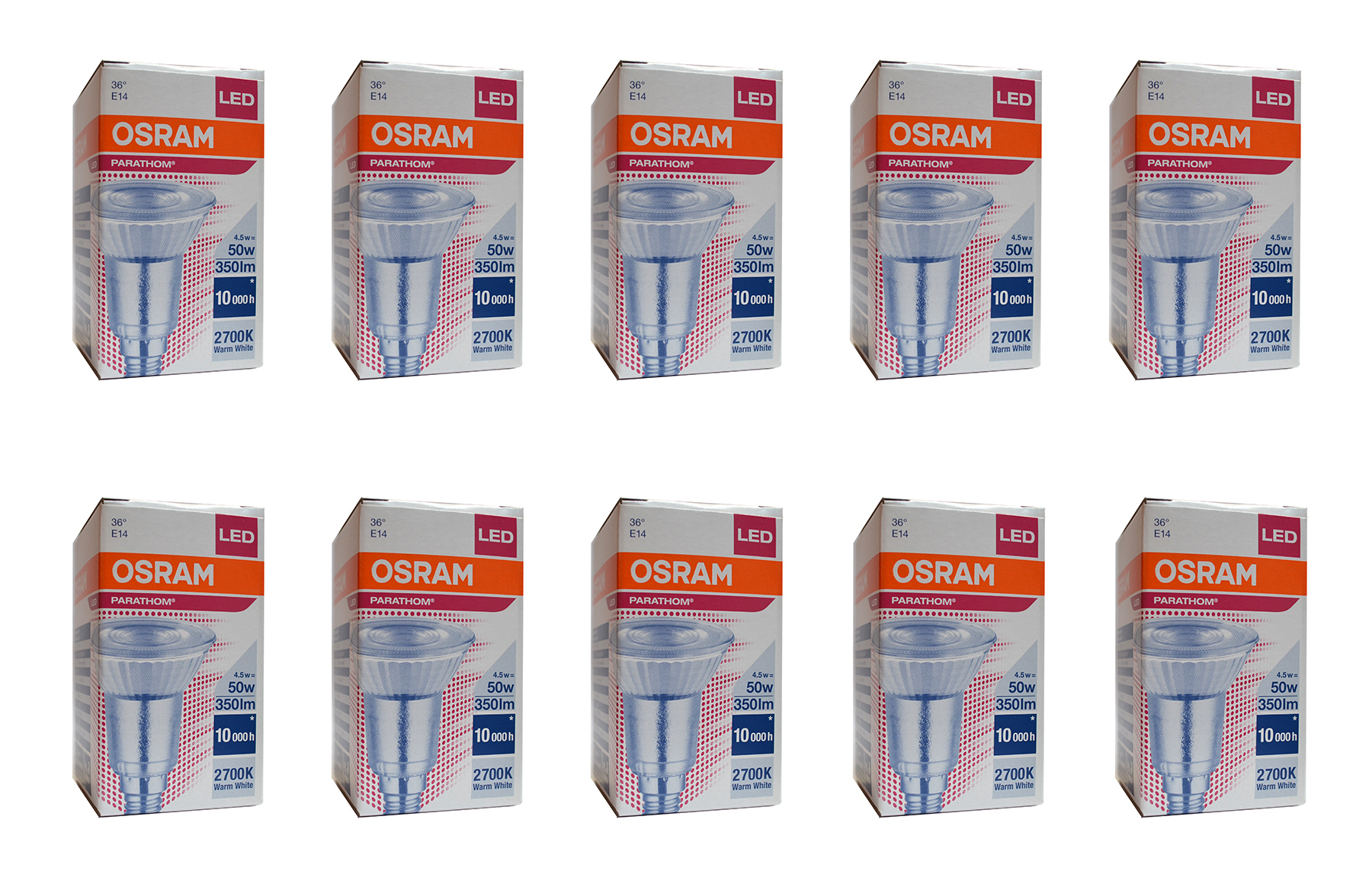 

Лампочка светодиодная OSRAM Софит PAR16 E14 4,5Вт 220В 350Лм 2700К Теплый белый 10шт, Софит PAR16 E14 4,5Вт 220В 350Лм 2700К