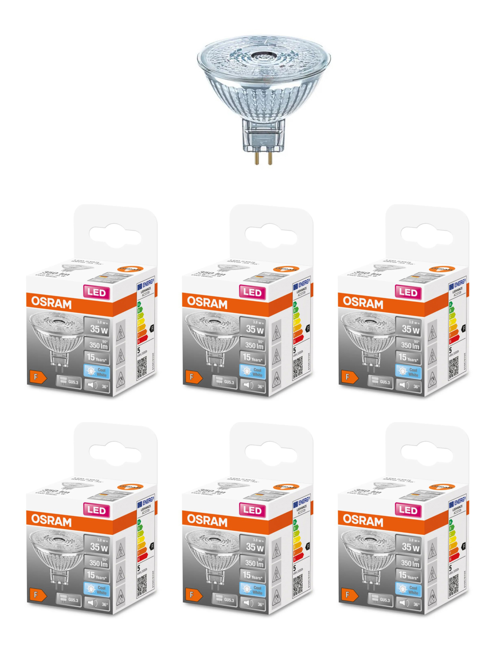 

Лампочка светодиодная OSRAM Софит MR16 GU5.3 3,8Вт 12В 350Лм 4000К Дневной белый 6шт, Софит MR16 GU5.3 3,8Вт 12В 350Лм 4000К