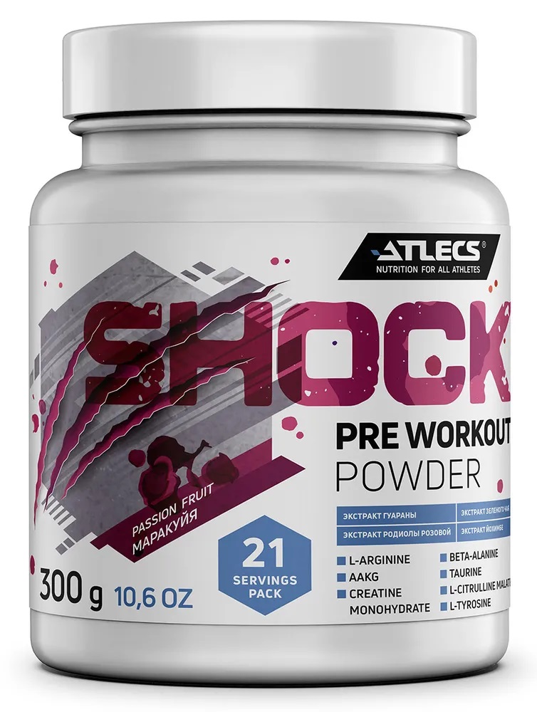 

Atlecs Shock Pre Workout, 300 g (маракуйя)