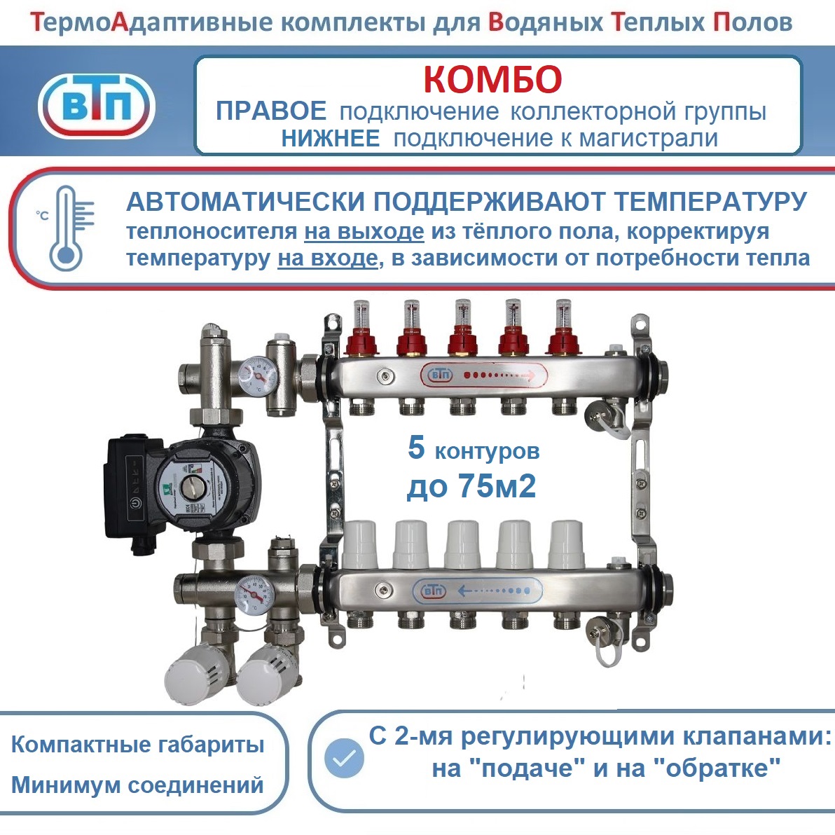 Термоадаптивный комплект теплого пола на 5 конт коллектор справа +част насос ВТП Комбо-П