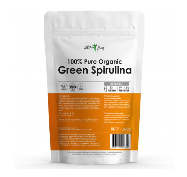 

Atletic Food Спирулина Green Spirulina (в таблетках) - 200 грамм ---