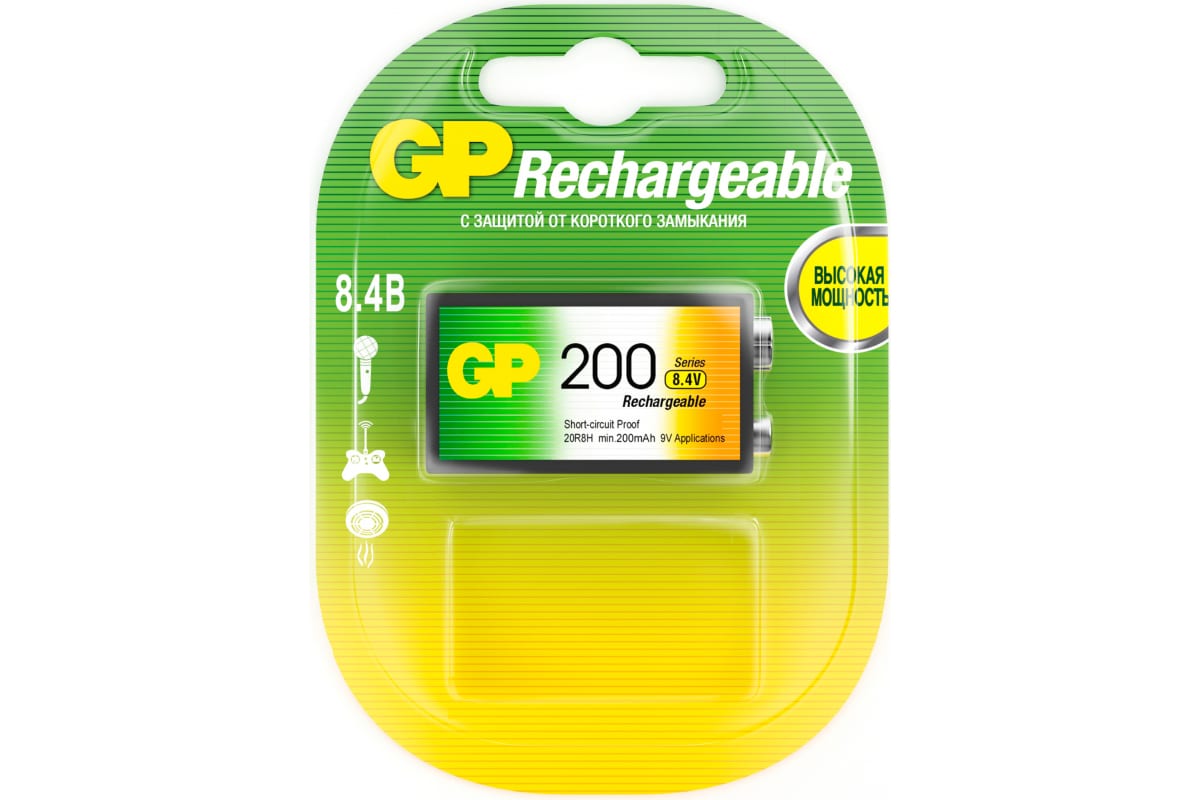 

9V Аккумуляторная батарейка GP 20R8H, 1 шт. 200мAч