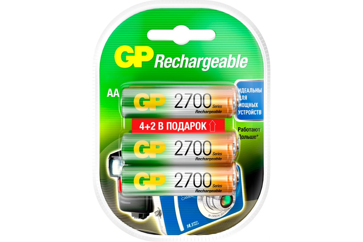 

AA Аккумуляторная батарейка GP Rechargeable 2700AAHC4/2, 6 шт. 2700мAч