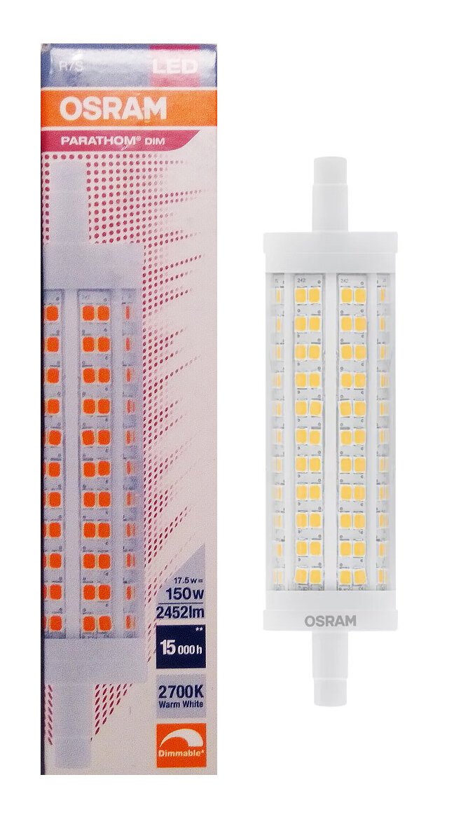 

Лампочка светодиодная Osram Линейная R7s 17,5Вт 220В 2452Лм 2700К Теплый белый 1шт, Линейная R7s Диммируемая 17,5Вт 220В 2452Лм 2700К