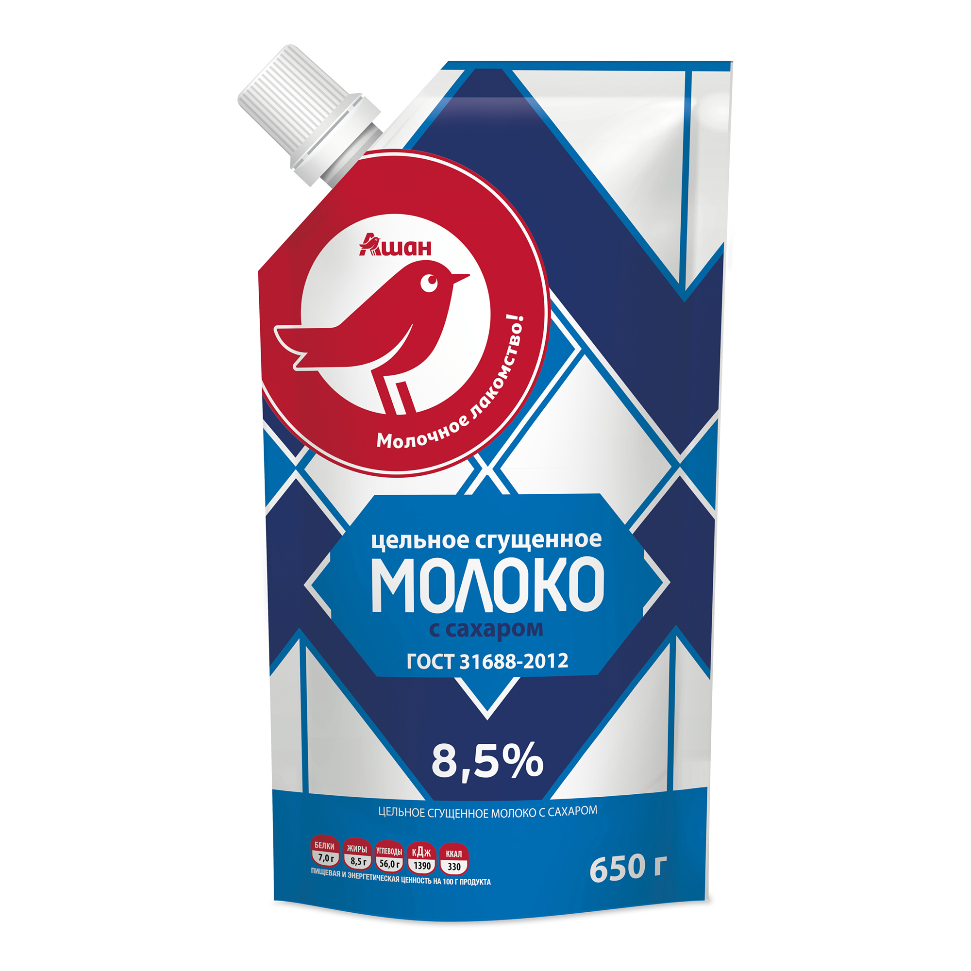 Сгущенное молоко АШАН Красная птица цельное с сахаром 8,5% БЗМЖ 650 г