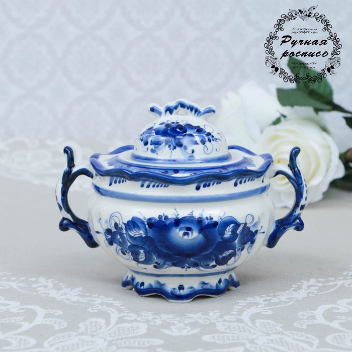 

Сахарница, гжель, фарфор, автор Рогова, 13х17 см, Белый;синий