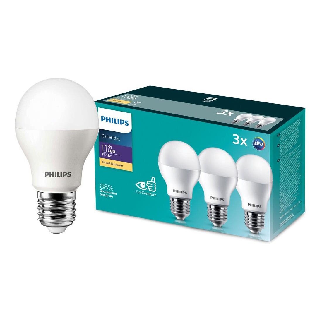 

Лампочка светодиодная PHILIPS Экопак ESSLEDBulb 11W E27 3000K 3шт/уп, упак. 1шт, Экопак ESSLEDBulb 11W E27 3000K 3шт/уп