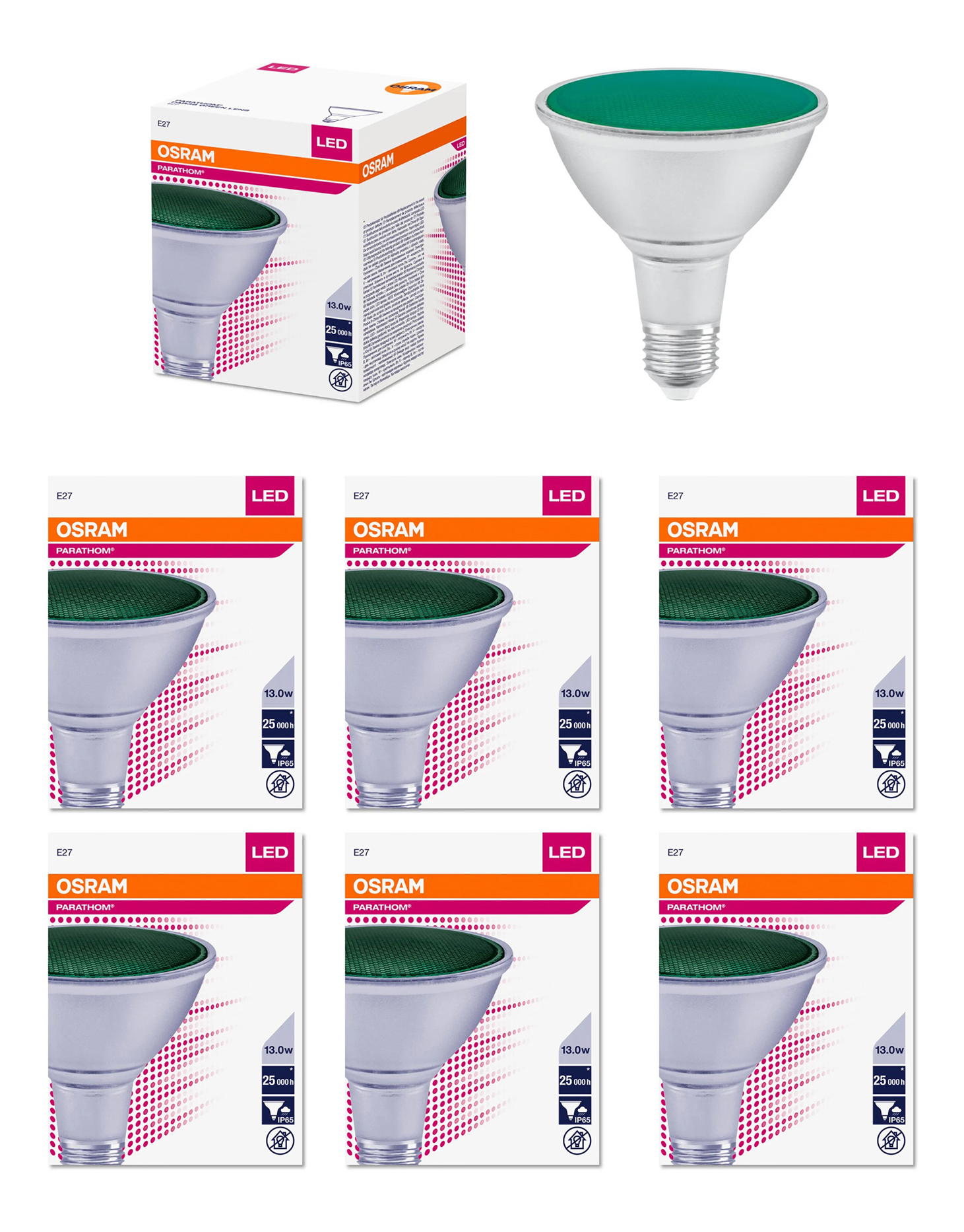 

Лампочка светодиодная OSRAM Рефлектор PAR38 13Вт E27 220В зеленый, упак. 6шт, Рефлектор PAR38 13Вт E27 220В зеленый