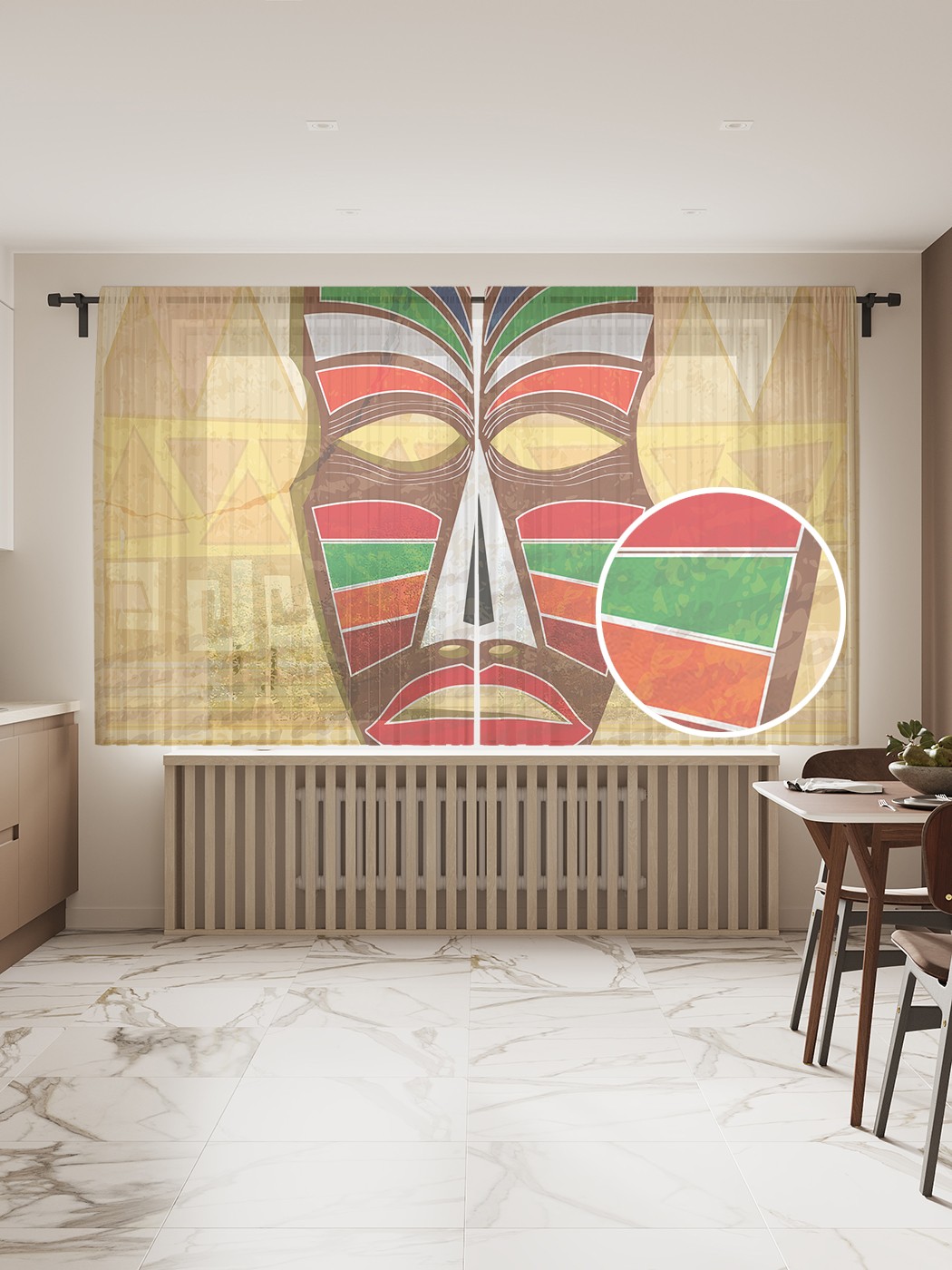 фото Фототюль joyarty "гавайская маска", 145x180 см (2 полотна со шторной лентой + 50 крючков)