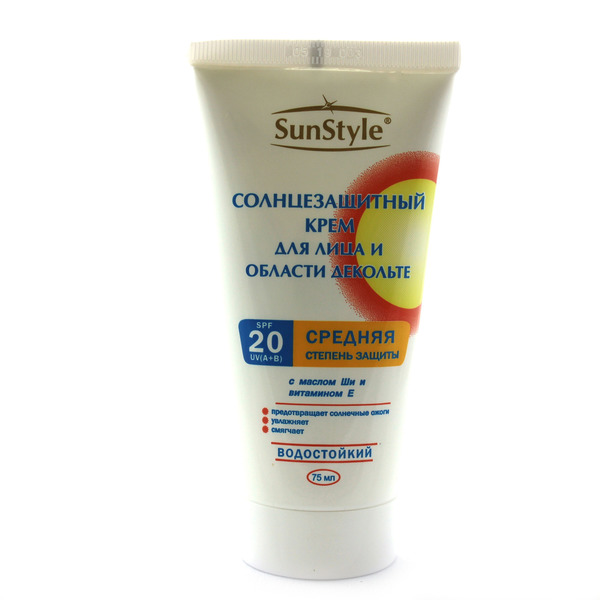

Крем SunStyle для лица и области декольте солнцезащитный SPF-20 водостойкий 75 мл