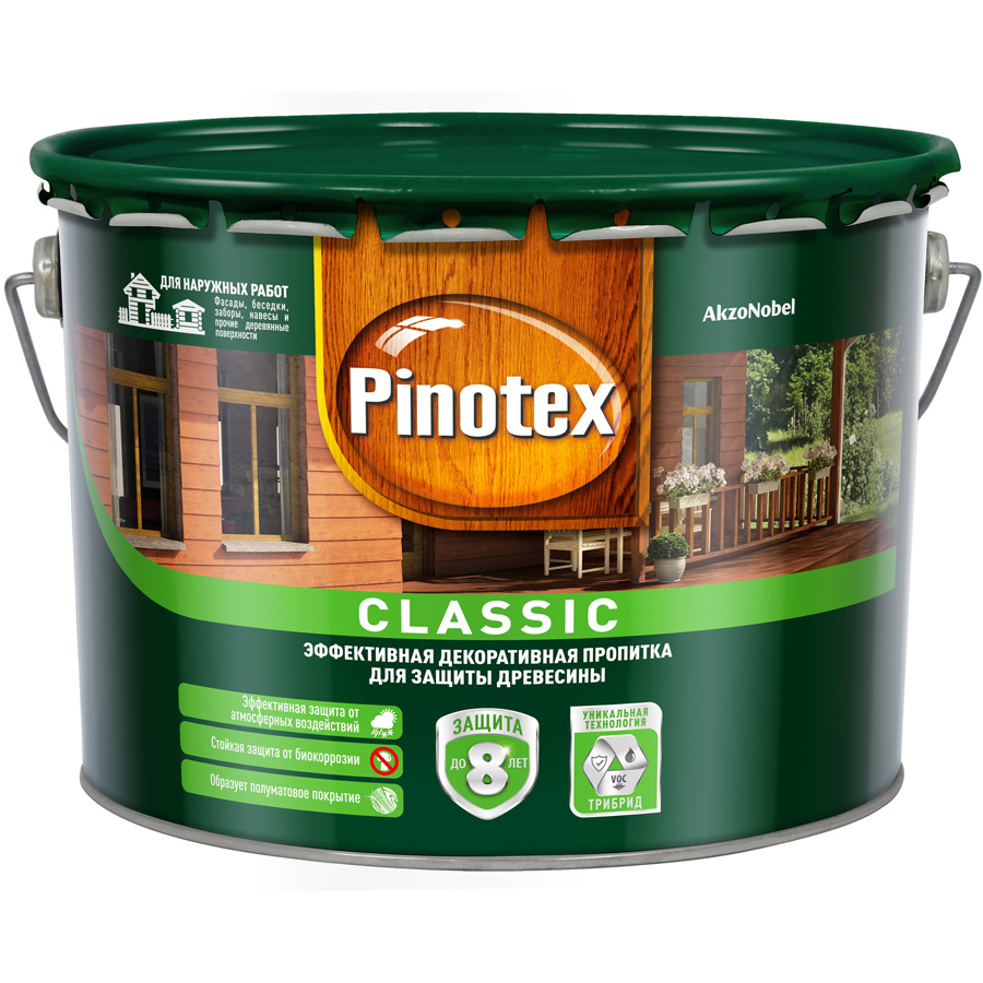 

PINOTEX Classic декоративная пропитка по дереву прозрачная под колеровку (9л), Прозрачный
