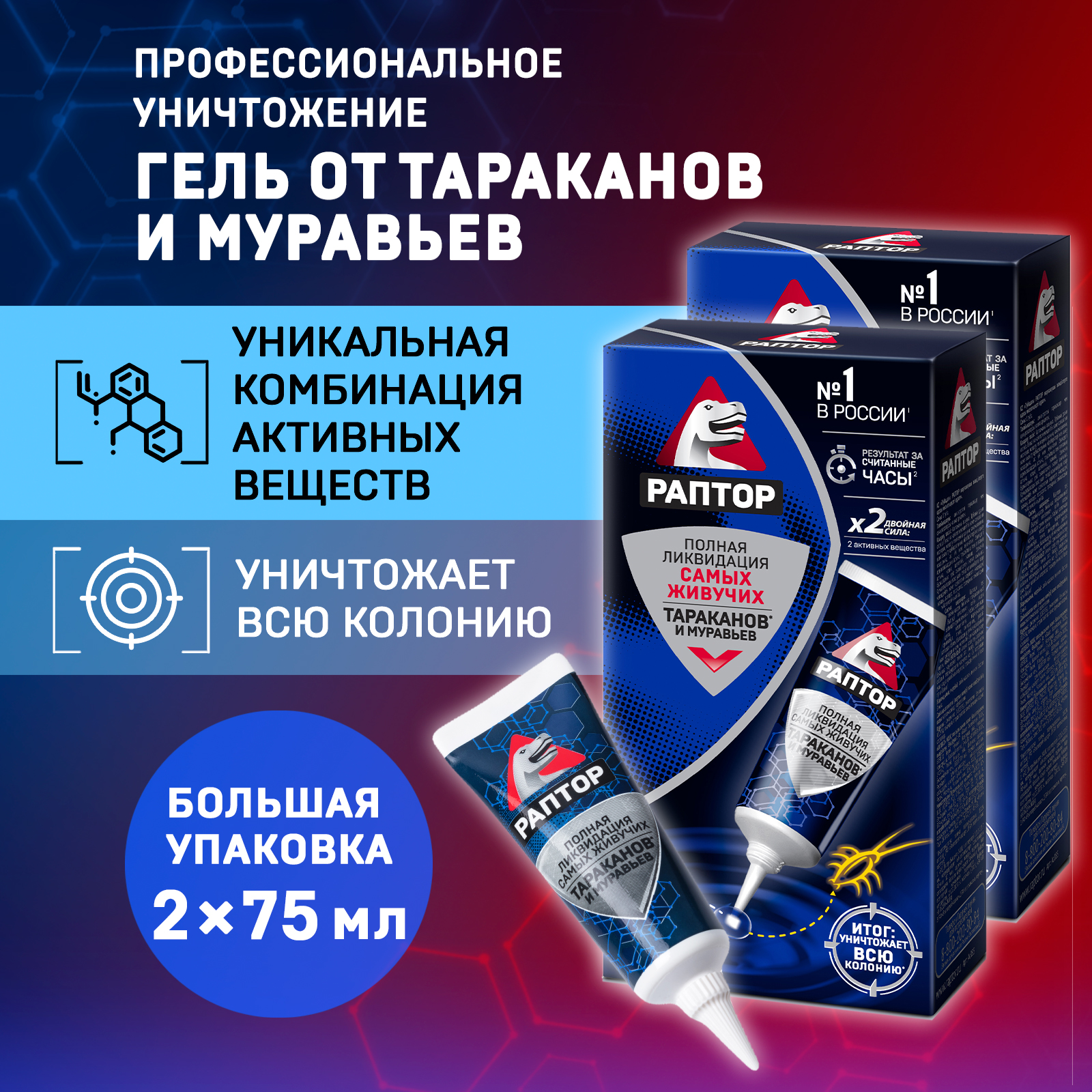 Гель Раптор от тараканов и муравьев, средство от тараканов и муравьев, 75 мл х 2 шт