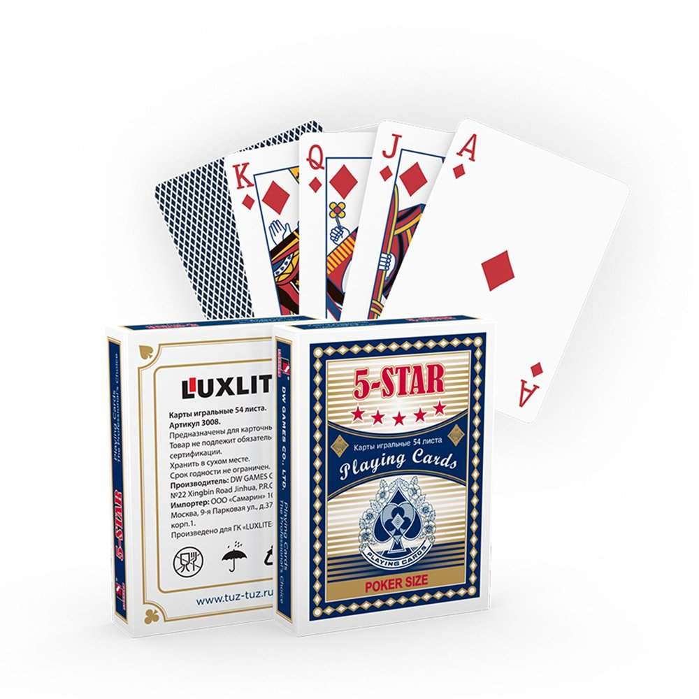 

Игральные карты с пластиковым покрытием Luxlite 5-STAR синяя рубашка, 3008 5-STAR