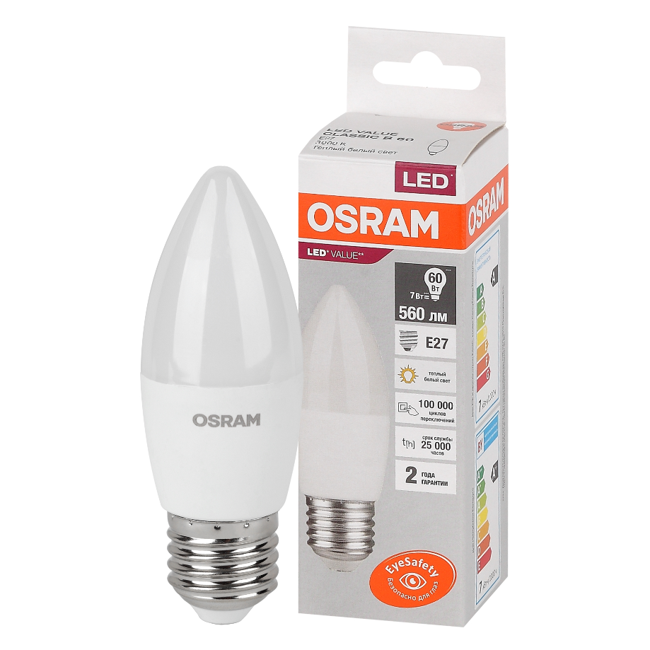 

Лампочка светодиодная OSRAM LED Value B, 560лм, 7Вт, 3000К теплый свет, Цоколь E27