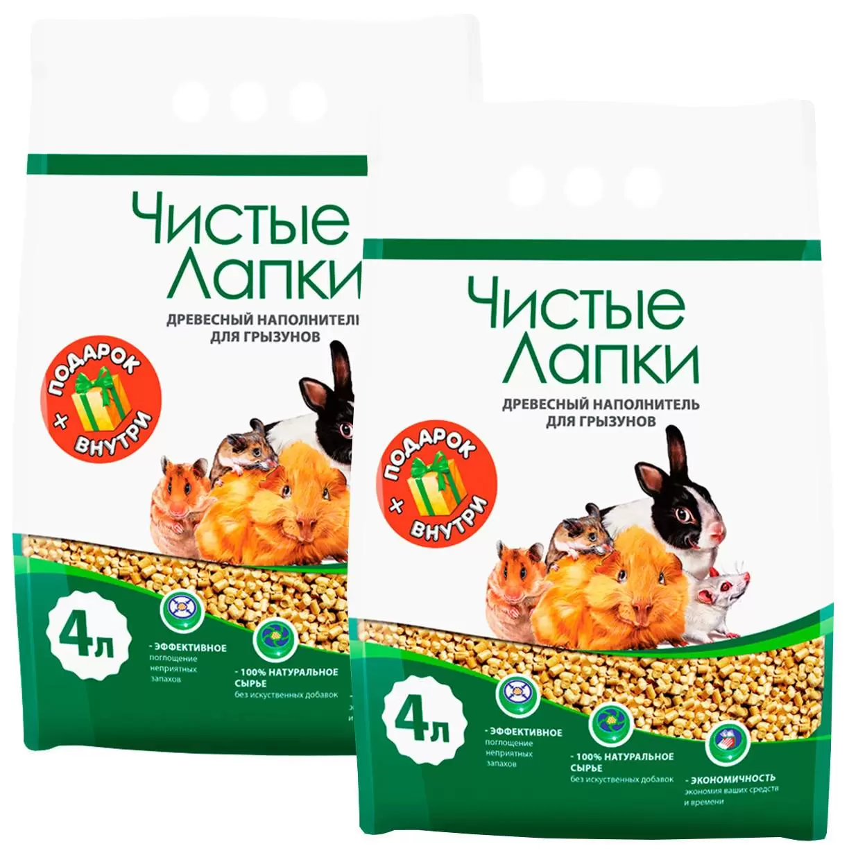 Наполнитель для грызунов Чистые Лапки древесный, 2 шт по 4 л