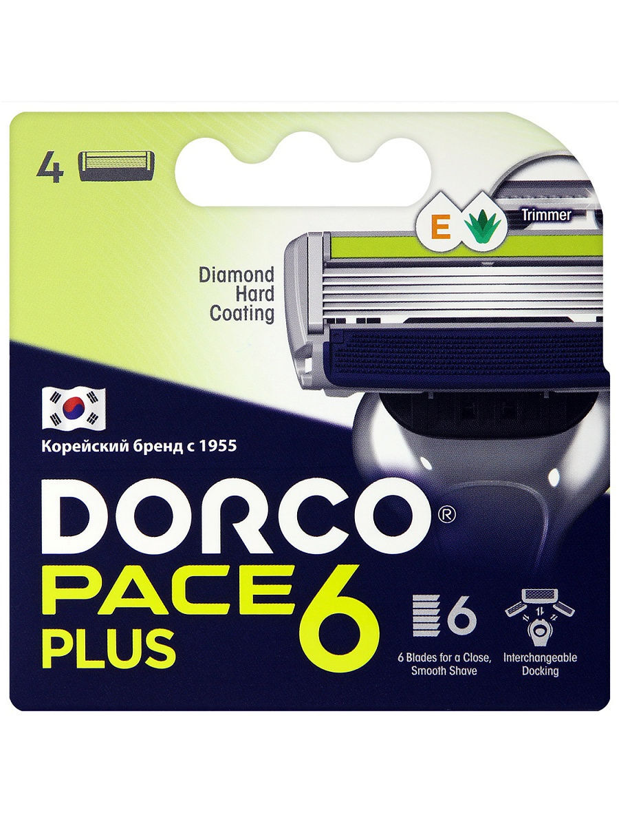 Сменные кассеты Dorco Pace 6 Plus 6-лезвий + лезвие-триммер, увлажняющая полоска, микрогре