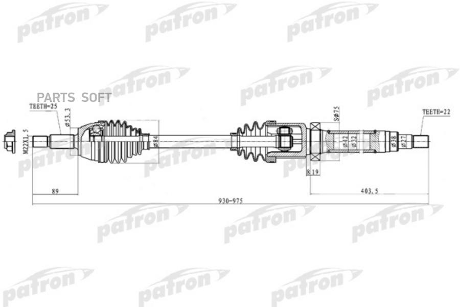 Полуось правая 25x930x53,3x22 FORD: FIESTA V 01-, FUSION 02- PATRON PDS0222